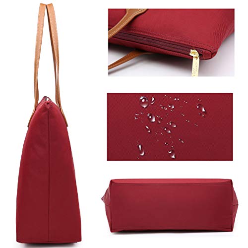 NNEE Water Resistant Light Weight Nylon Tote Bag Handbag - Large Size, Dark Red - Image 4