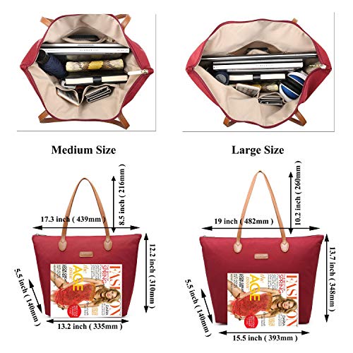 NNEE Water Resistant Light Weight Nylon Tote Bag Handbag - Large Size, Dark Red - Image 5