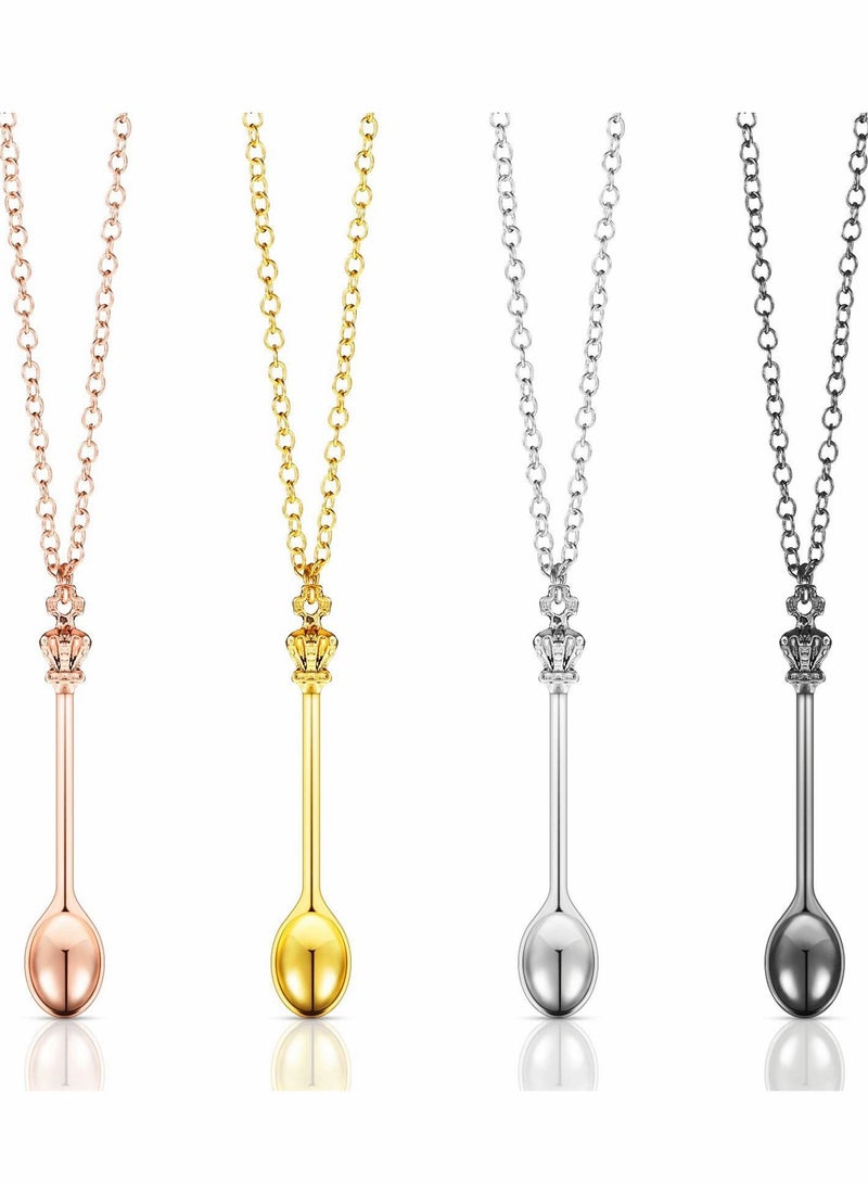 "Spoon Necklace Teaspoon Pendant Crown Mini Spoon for Filling Vials with Salts, Sand, Glitter Loop (4 Pieces -Gold, Silver, Rose Gold, Black) " - Image 1