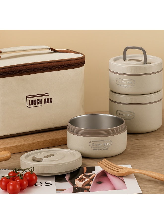 مجموعة علب غداء متعددة الطبقات مع حقيبة حرارية - 4 حاويات طعام من الفولاذ المقاوم للصدأ، علب غداء مانعة للتسرب ومعزولة للمكتب والمدرسة والسفر (بيج) - Image 2