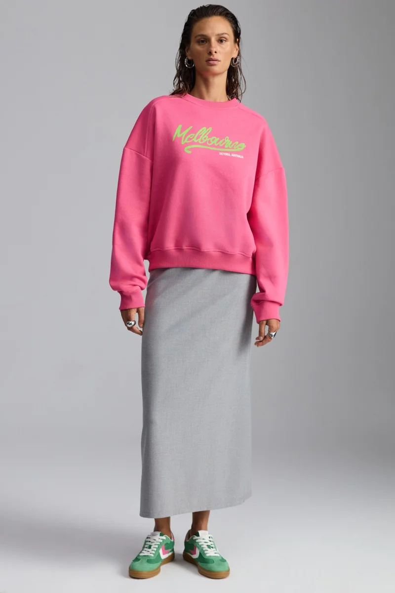 جريميلانج Nardy Women's City Themed Print Detailed Raised Organic Cotton Oversize Pink Sweatshirt