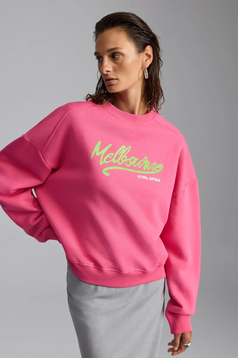 جريميلانج Nardy Women's City Themed Print Detailed Raised Organic Cotton Oversize Pink Sweatshirt