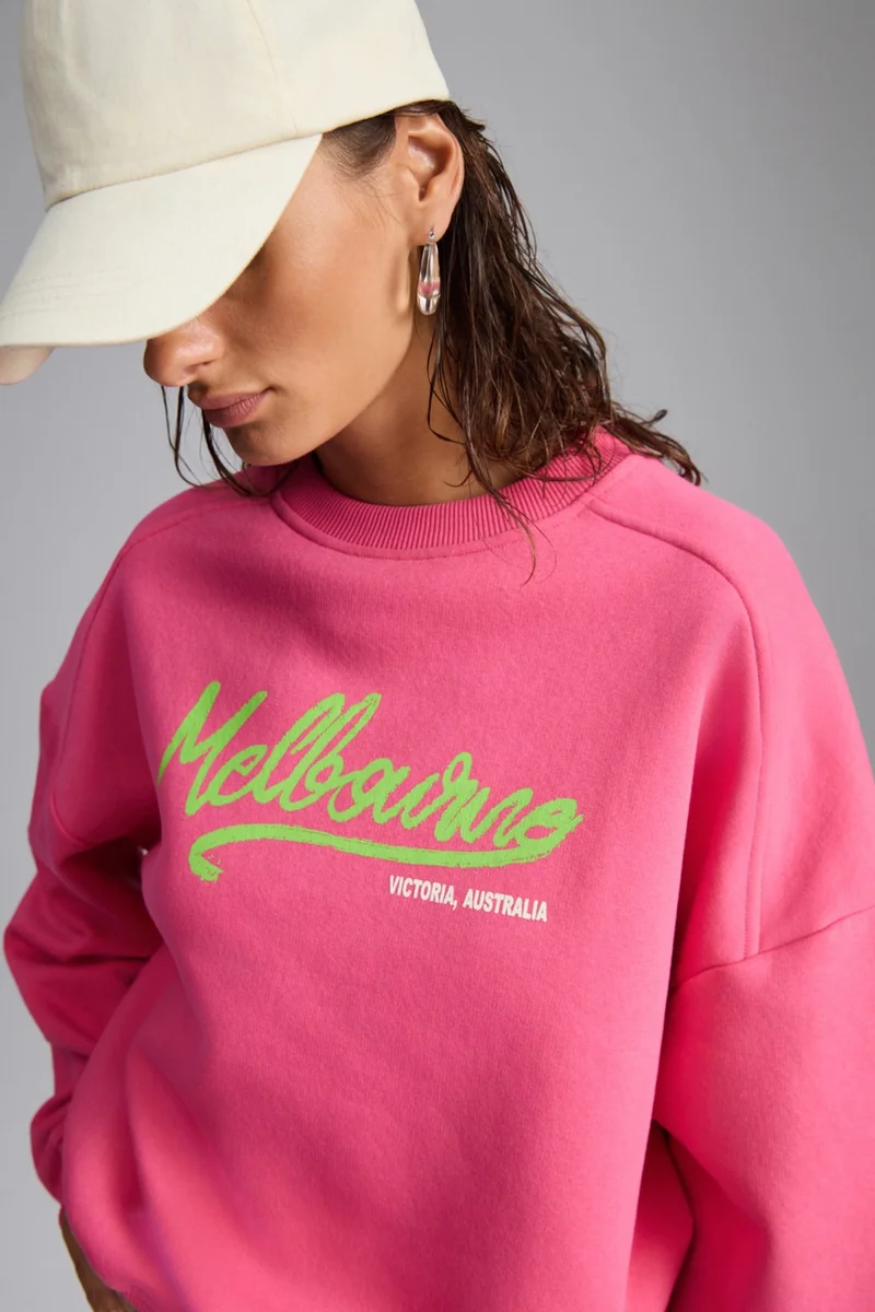 جريميلانج Nardy Women's City Themed Print Detailed Raised Organic Cotton Oversize Pink Sweatshirt