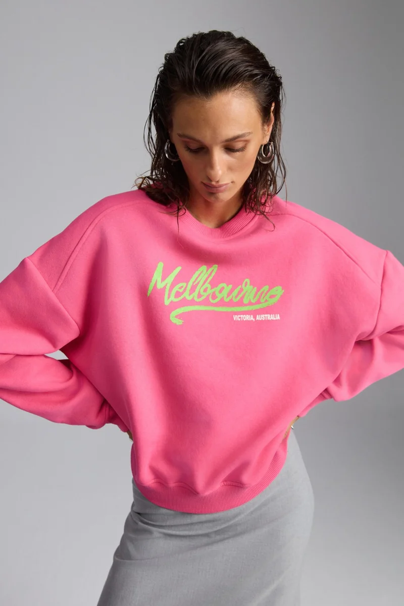 جريميلانج Nardy Women's City Themed Print Detailed Raised Organic Cotton Oversize Pink Sweatshirt