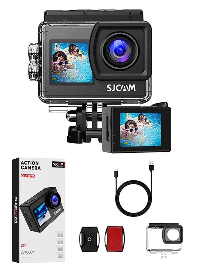 أس جي كام كاميرا الحركة SJCAM SJ4000 ذات الشاشة المزدوجة مع شاشات مزدوجة، واي فاي، وتسجيل الصوت، كاميرا رياضية بدقة 4K30FPS بدقة 40 ميجابكسل وواي فاي، مع EIS 170 درجة مجال رؤية 5X تكبير/تصغير 30 مترًا مقاومة للماء تحت الماء، مع بطاقة TF سعة 128 جيجابايت، وبطاريتين - Image 1