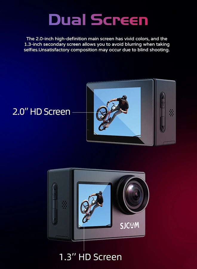 أس جي كام كاميرا الحركة SJCAM SJ4000 ذات الشاشة المزدوجة مع شاشات مزدوجة، واي فاي، وتسجيل الصوت، كاميرا رياضية بدقة 4K30FPS بدقة 40 ميجابكسل وواي فاي، مع EIS 170 درجة مجال رؤية 5X تكبير/تصغير 30 مترًا مقاومة للماء تحت الماء، مع بطاقة TF سعة 128 جيجابايت، وبطاريتين - Image 4