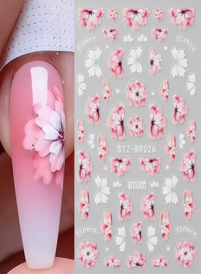 SINSEN Flower Nail Art Stickers Decals 5D Spring Flowers Nail Decals 3PCS Pink White Blossom Flower Nail Stickers Spring Summer Nails Art Design Adhesive Sliders Supplies for Women Manicure Nail Decorations - Image 2