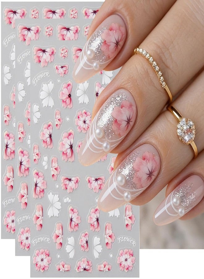 SINSEN Flower Nail Art Stickers Decals 5D Spring Flowers Nail Decals 3PCS Pink White Blossom Flower Nail Stickers Spring Summer Nails Art Design Adhesive Sliders Supplies for Women Manicure Nail Decorations - Image 1