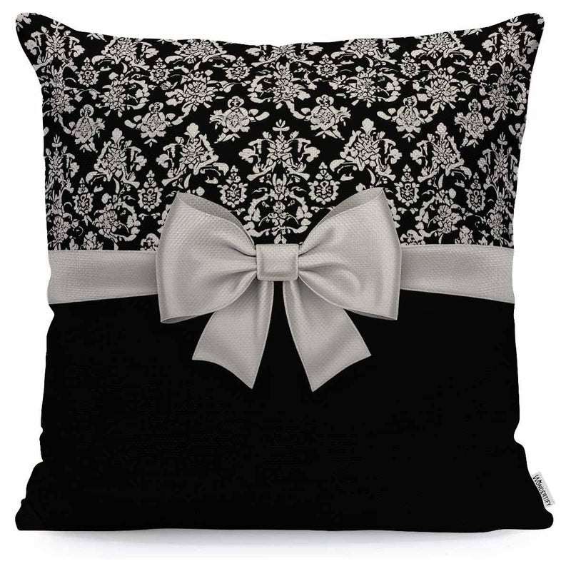 WONDERTIFY Throw Pillow Case Cover Stylish Black and White Euro Flower Pattern with Bow Soft Linen Pillow Case for Decorative Bedroom/Livingroom/Sofa/Farm House Cushion Covers Couch Pillow 18x18 Inch - Image 1