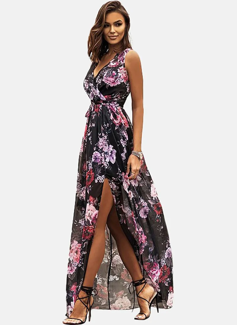 YUNIQEE Floral Print Round Neck Cotton Maxi Dress