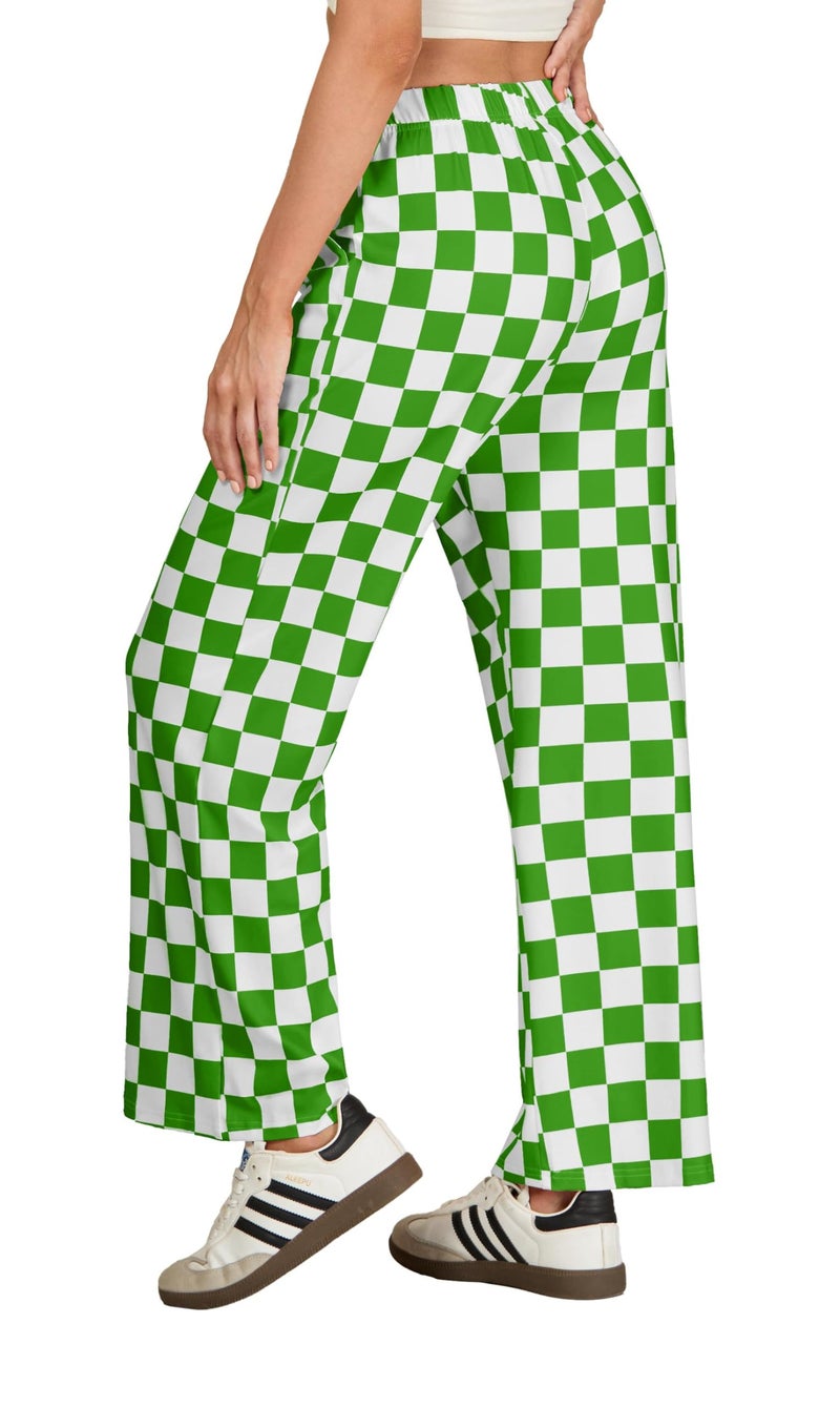 IWOLLENCE St. Patrick's Women's Wide Leg Pants Casual Loose High Waist Checkered Loungewear Teen's Gingham Sweatpants Green White, L - Image 3