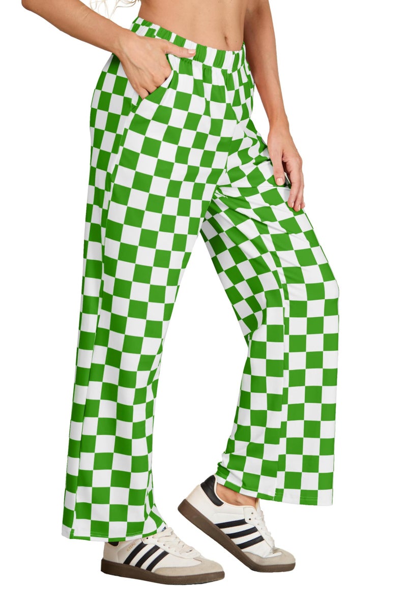 IWOLLENCE St. Patrick's Women's Wide Leg Pants Casual Loose High Waist Checkered Loungewear Teen's Gingham Sweatpants Green White, L - Image 4