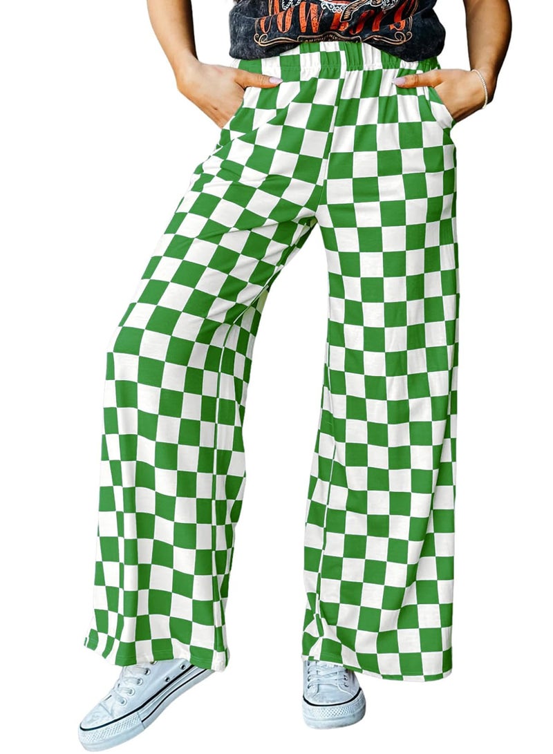 IWOLLENCE St. Patrick's Women's Wide Leg Pants Casual Loose High Waist Checkered Loungewear Teen's Gingham Sweatpants Green White, L - Image 1