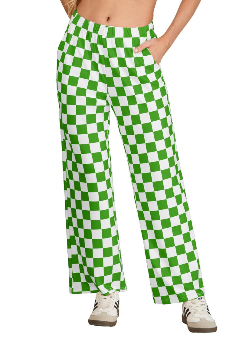 IWOLLENCE St. Patrick's Women's Wide Leg Pants Casual Loose High Waist Checkered Loungewear Teen's Gingham Sweatpants Green White, L - Image 2