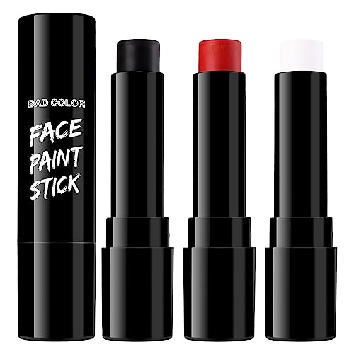 BADCOLOR 3PCS Face Paint Kit Sticks, Black White Red Eye Black Sticks Face Body Paint Makeup for Clown Sports Professional Halloween SFX Makeup Cosplay Joker Zombie Vampire Costume Parties - Image 1