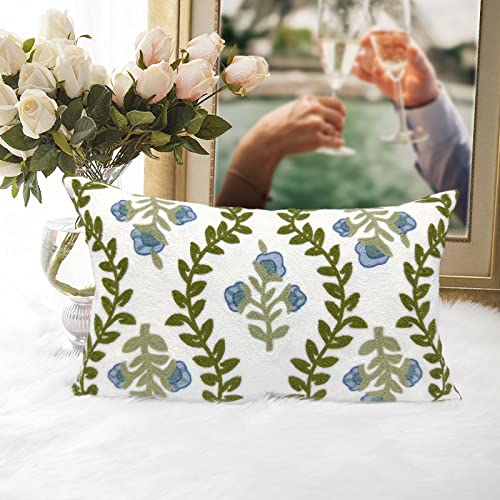 Alysheer Summer Floral Embroidered Decorative Throw Pillow Cover 12"x 20", Farmhouse Blue Flowers Green Leaves Patterned Cotton Canvas Lumbar Cushion Case for Sofa Couch Living Room Cottage Decor - Image 2