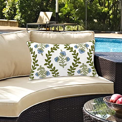 Alysheer Summer Floral Embroidered Decorative Throw Pillow Cover 12"x 20", Farmhouse Blue Flowers Green Leaves Patterned Cotton Canvas Lumbar Cushion Case for Sofa Couch Living Room Cottage Decor - Image 3