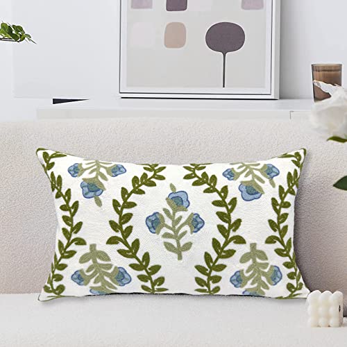 Alysheer Summer Floral Embroidered Decorative Throw Pillow Cover 12"x 20", Farmhouse Blue Flowers Green Leaves Patterned Cotton Canvas Lumbar Cushion Case for Sofa Couch Living Room Cottage Decor - Image 1