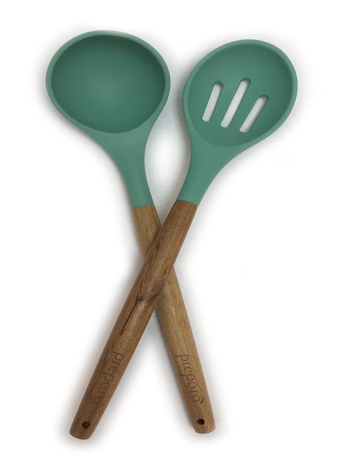 Prepara Acacia and Silicone Soup Ladle and Slotted Spoon set, Seafoam Green - Image 3
