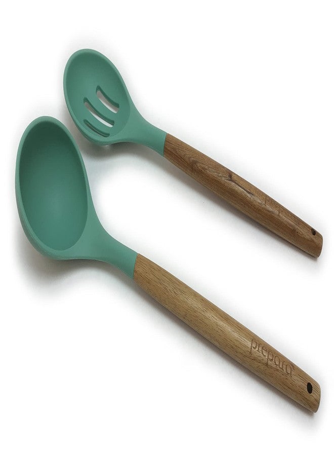 Prepara Acacia and Silicone Soup Ladle and Slotted Spoon set, Seafoam Green - Image 4