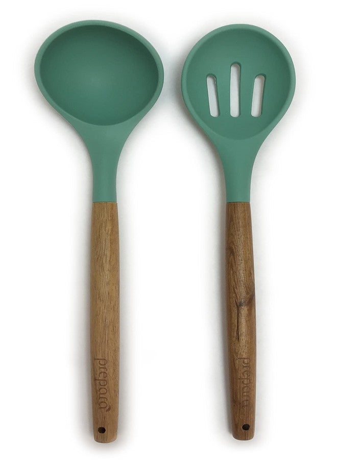 Prepara Acacia and Silicone Soup Ladle and Slotted Spoon set, Seafoam Green - Image 1