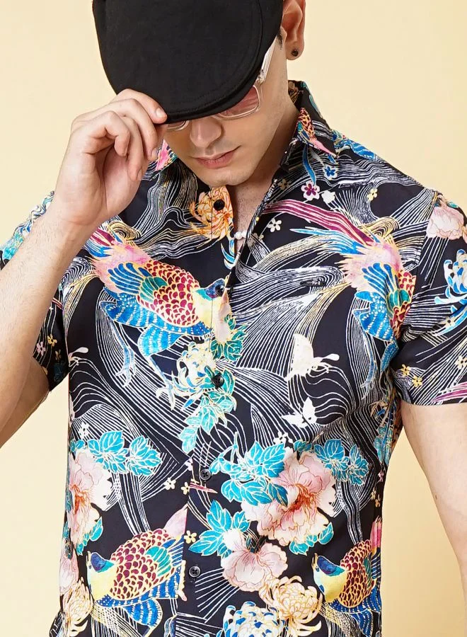 The Indian Garage Co Men Slim Fit Fauna Printed Half Sleeves Spread Collar Resort Wear Shirt