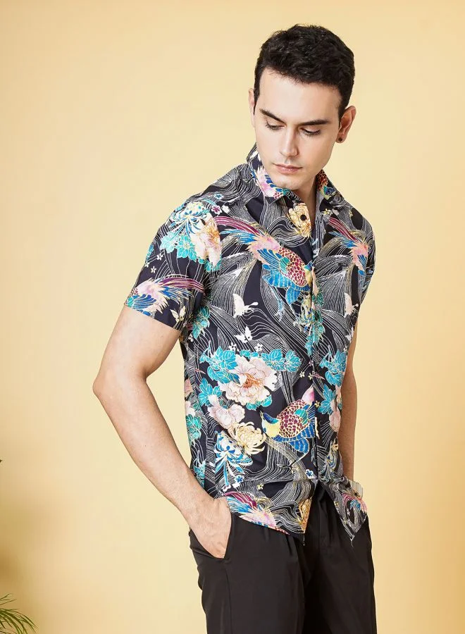 The Indian Garage Co Men Slim Fit Fauna Printed Half Sleeves Spread Collar Resort Wear Shirt
