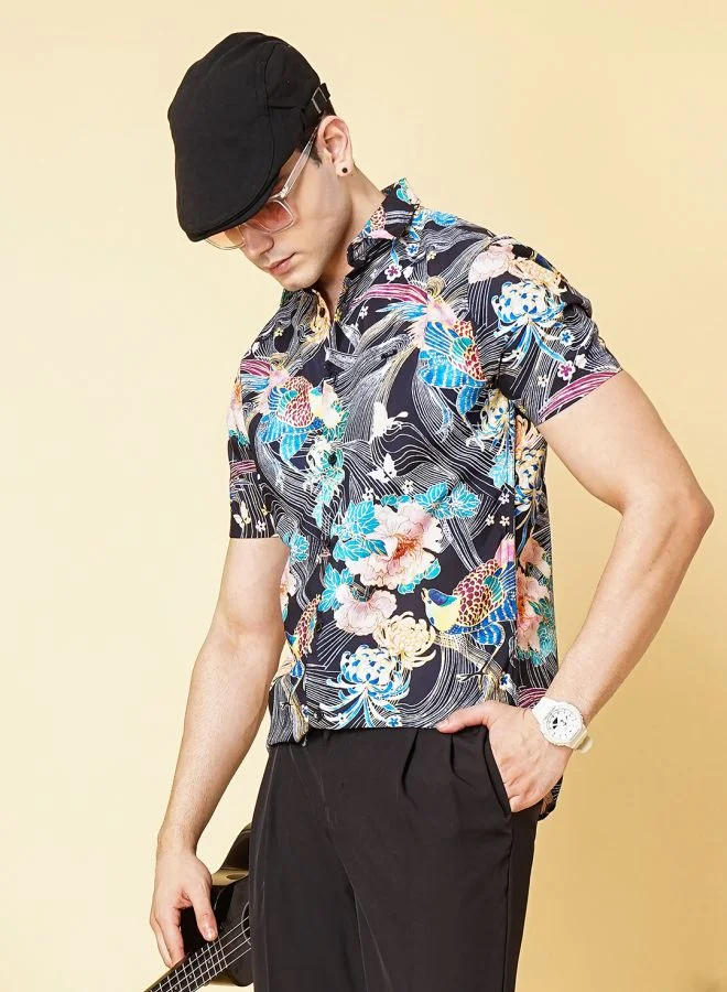 The Indian Garage Co Men Slim Fit Fauna Printed Half Sleeves Spread Collar Resort Wear Shirt