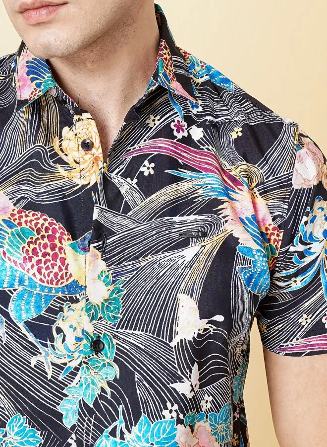 The Indian Garage Co Men Slim Fit Fauna Printed Half Sleeves Spread Collar Resort Wear Shirt