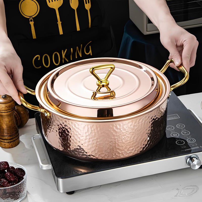 YJX 6.7QT Hammered Stock Pot with Lid, Copper Rose Gold, Tri-Ply Stainless Steel, Multi-Functional Cookware for Bake Roast Braise Saute, Magnetic Base, Dishwasher and Oven Safe (30CM) - Image 4
