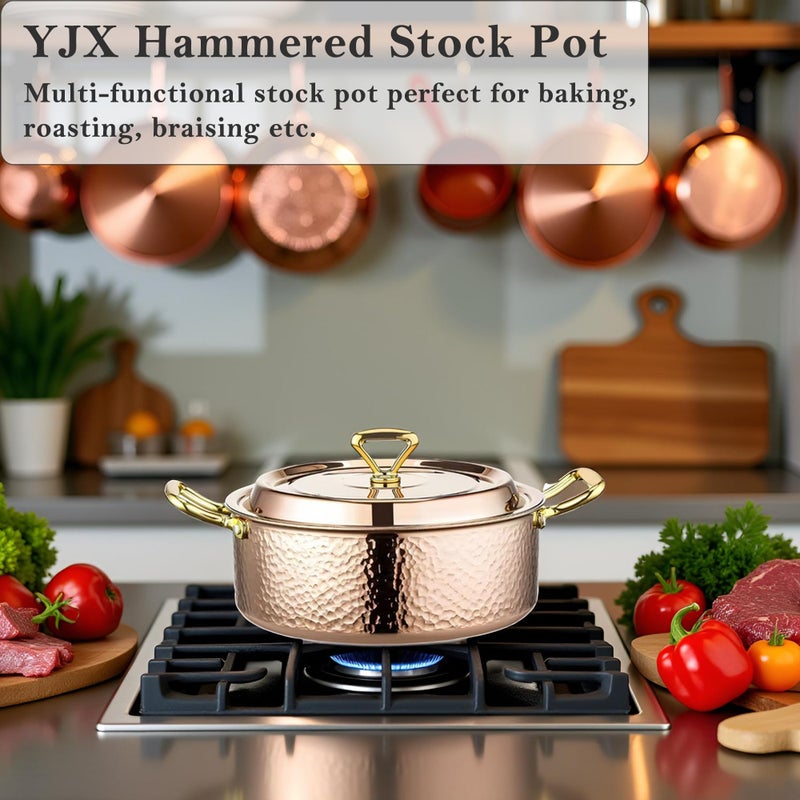 YJX 6.7QT Hammered Stock Pot with Lid, Copper Rose Gold, Tri-Ply Stainless Steel, Multi-Functional Cookware for Bake Roast Braise Saute, Magnetic Base, Dishwasher and Oven Safe (30CM) - Image 3