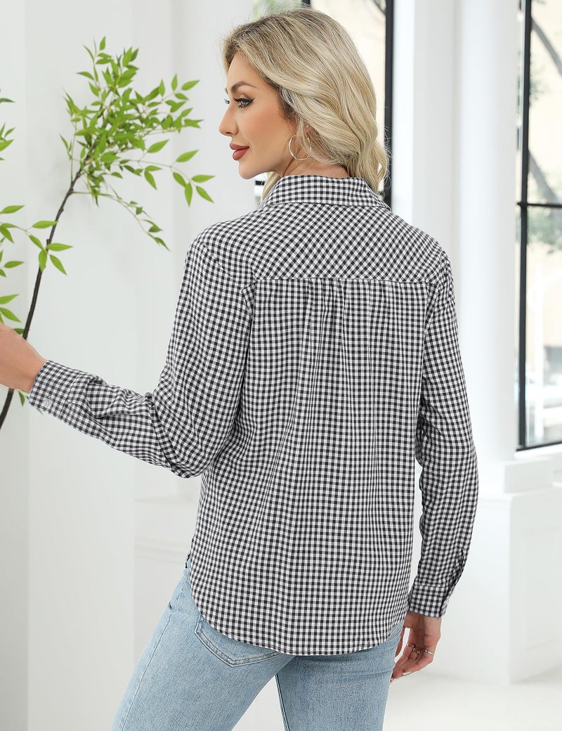 LOMON Womens Long Sleeve Button Down Shirts Cotton Gauze Tops Loose Fit Casual Collared Blouses Black and White Plaid XXL - Image 5