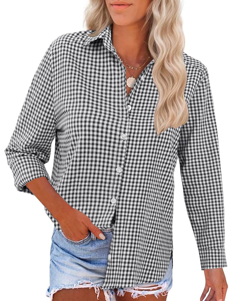 LOMON Womens Long Sleeve Button Down Shirts Cotton Gauze Tops Loose Fit Casual Collared Blouses Black and White Plaid XXL - Image 2