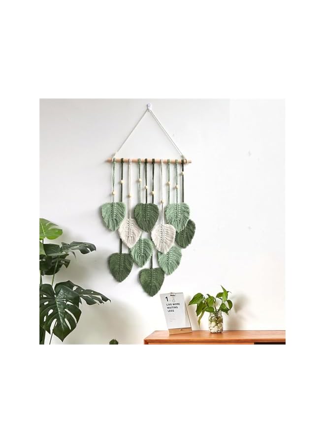 The Bros Green Wall Hanging Decor Leaves Tapestry Boho Wall Decor Woven Feather Handmade Yarn Tassels Woven Wall Art Decorations for Nursery, Bedroom, Living Room, Apartment Home Backdrop - Image 3