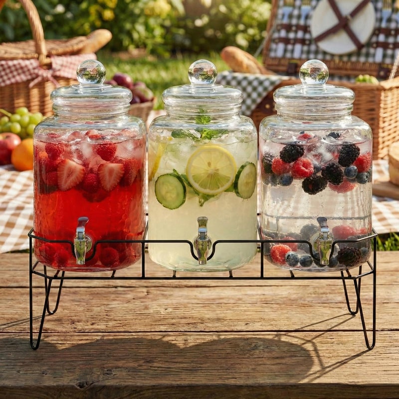 Style Setter Glass Beverage Dispenser with Stand (Set of 3), 1.5 Gallon Glass Drink Dispenser with Stand & Spigot, Party Drink Dispenser for Lemonade, Punch, Water, Juice Dispensers for Parties - Image 2