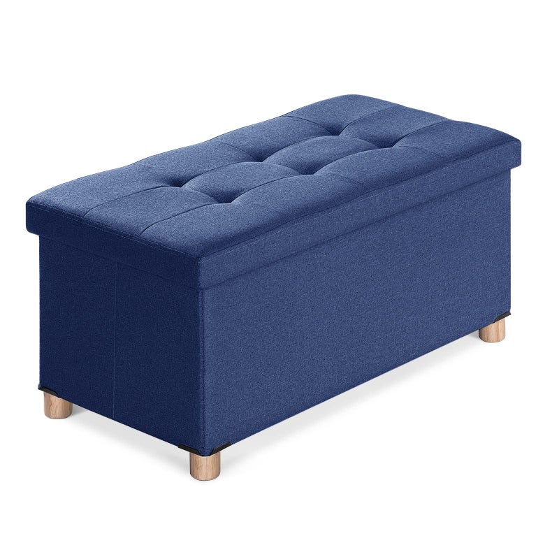BRIAN  DANY Ottoman Storage Box with 4 Wood Legs Linen Storage Ottoman for Living Room Blue 76 x 38 x 38 cm