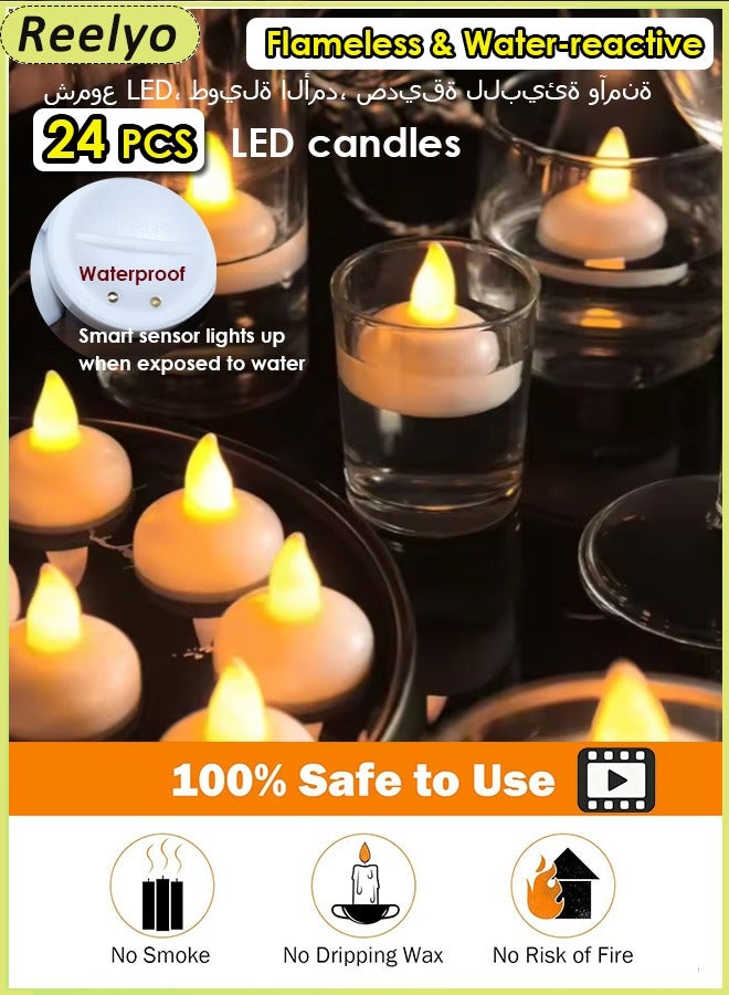 Reelyo 24PCS Flameless Led Tea Lights Water-reactive Candle Waterproof & Floatable Replaceable Battery Glows In Water Operated Flameless Unscented Electronic Light Set For Festive Atmosphere Home, Spa, Indoor Outdoor Votive, Aniversary, Wedding Centerpiece Table Decor, Funeral, Halloween, White - Image 1