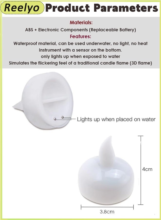 Reelyo 24pcs Waterproof Flameless Floating LED Tea Lights, Water-Activated Warm White Flickering Candles, Battery Operated Unscented Electronic Candle Bulk Decor for World Cup Viewing Party, Soccer Match Night, Wedding, Spa, Pool, Party, Halloween, Funeral & Home Table Centerpieces - Image 2