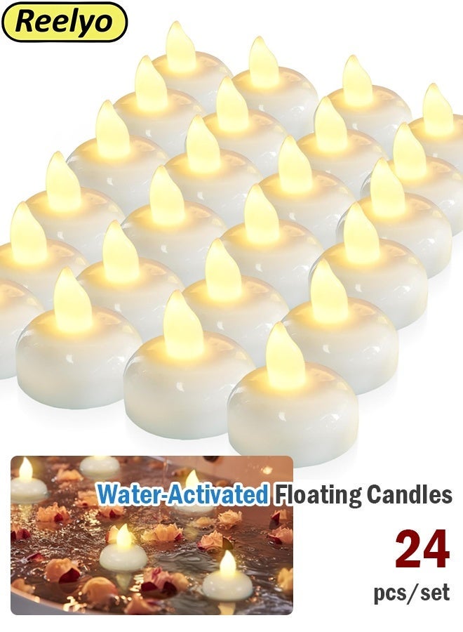 Reelyo 24pcs Waterproof Flameless Floating LED Tea Lights, Water-Activated Warm White Flickering Candles, Battery Operated Unscented Electronic Candle Bulk Decor for World Cup Viewing Party, Soccer Match Night, Wedding, Spa, Pool, Party, Halloween, Funeral & Home Table Centerpieces - Image 1