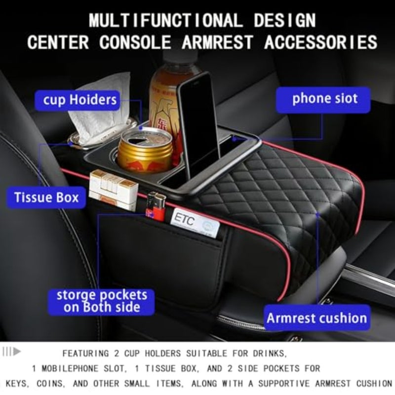 Car Armrest Cushion, Car Center Console Cover, Leather Armrest Cover for Car, Universal Middle Console Cushion with Storage Box, Cup Holder, Phone Slot, Waterproof Interior  Accessories - Image 5