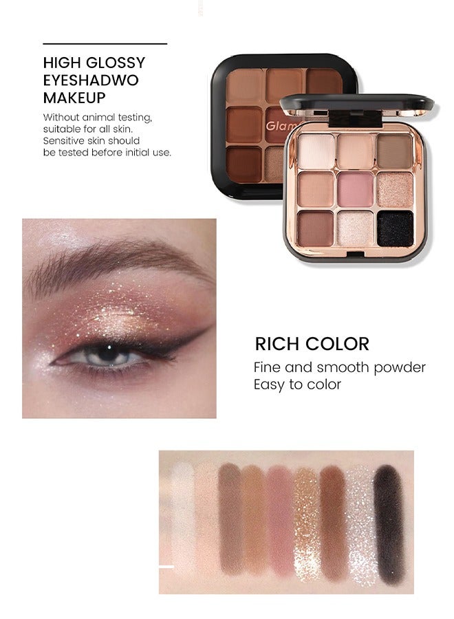 glamcolour 9 Color Eyeshadow Board, Glitter Matte Natural Neutral Color Eyeshadow, Waterproof Long-lasting Natural Blend Pigment Eyeshadow Board Makeup - Image 3