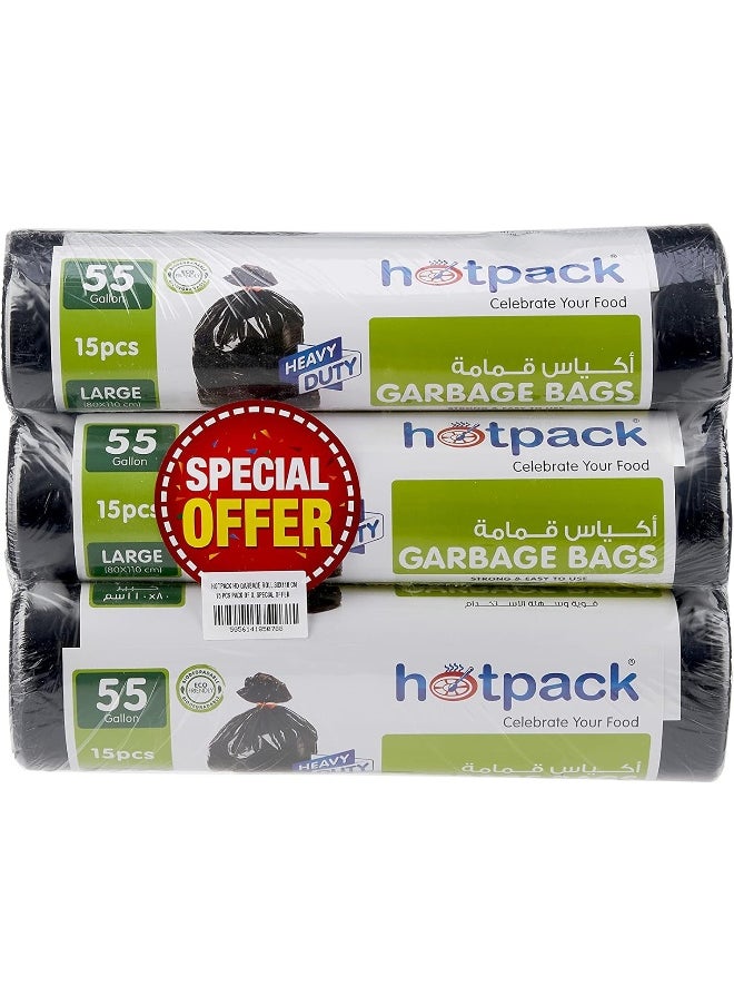 Hotpack - لفائف أكياس قمامة ثقيلة من هوت باك 15 كيس 80x110 سم 55 جالون عبوة من 3 45 كيس - Image 1