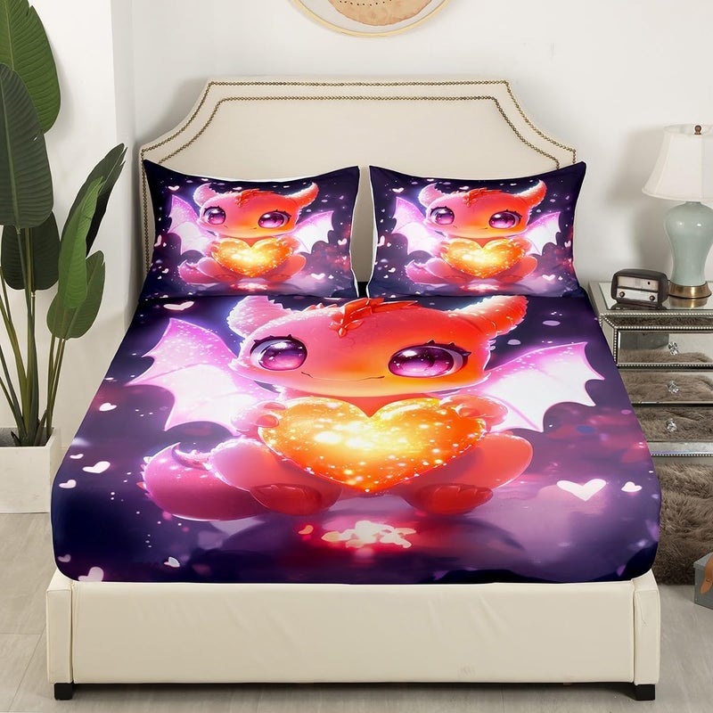 Erosebridal Dragon Twin Size Bedding Set Cute Cartoon Animal Bed Sheets for Kids Boys Girls,Yellow Kawaii Wildlife Fitted Sheet Love Heart Wing Bed Cover Room Decor 2 Pcs - Image 2