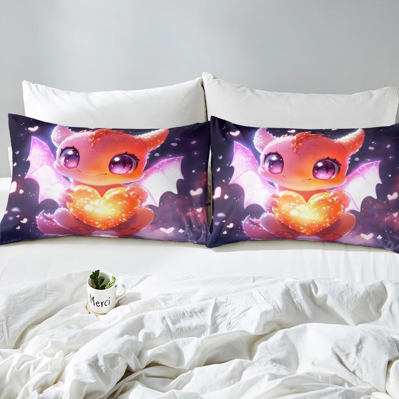 Erosebridal Dragon Twin Size Bedding Set Cute Cartoon Animal Bed Sheets for Kids Boys Girls,Yellow Kawaii Wildlife Fitted Sheet Love Heart Wing Bed Cover Room Decor 2 Pcs - Image 4