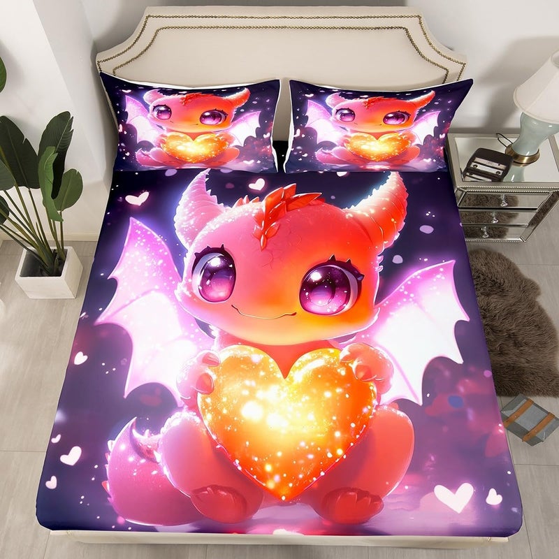 Erosebridal Dragon Twin Size Bedding Set Cute Cartoon Animal Bed Sheets for Kids Boys Girls,Yellow Kawaii Wildlife Fitted Sheet Love Heart Wing Bed Cover Room Decor 2 Pcs - Image 1