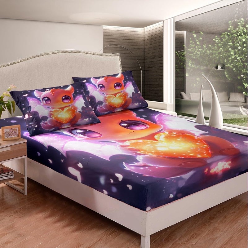 Erosebridal Dragon Twin Size Bedding Set Cute Cartoon Animal Bed Sheets for Kids Boys Girls,Yellow Kawaii Wildlife Fitted Sheet Love Heart Wing Bed Cover Room Decor 2 Pcs - Image 3