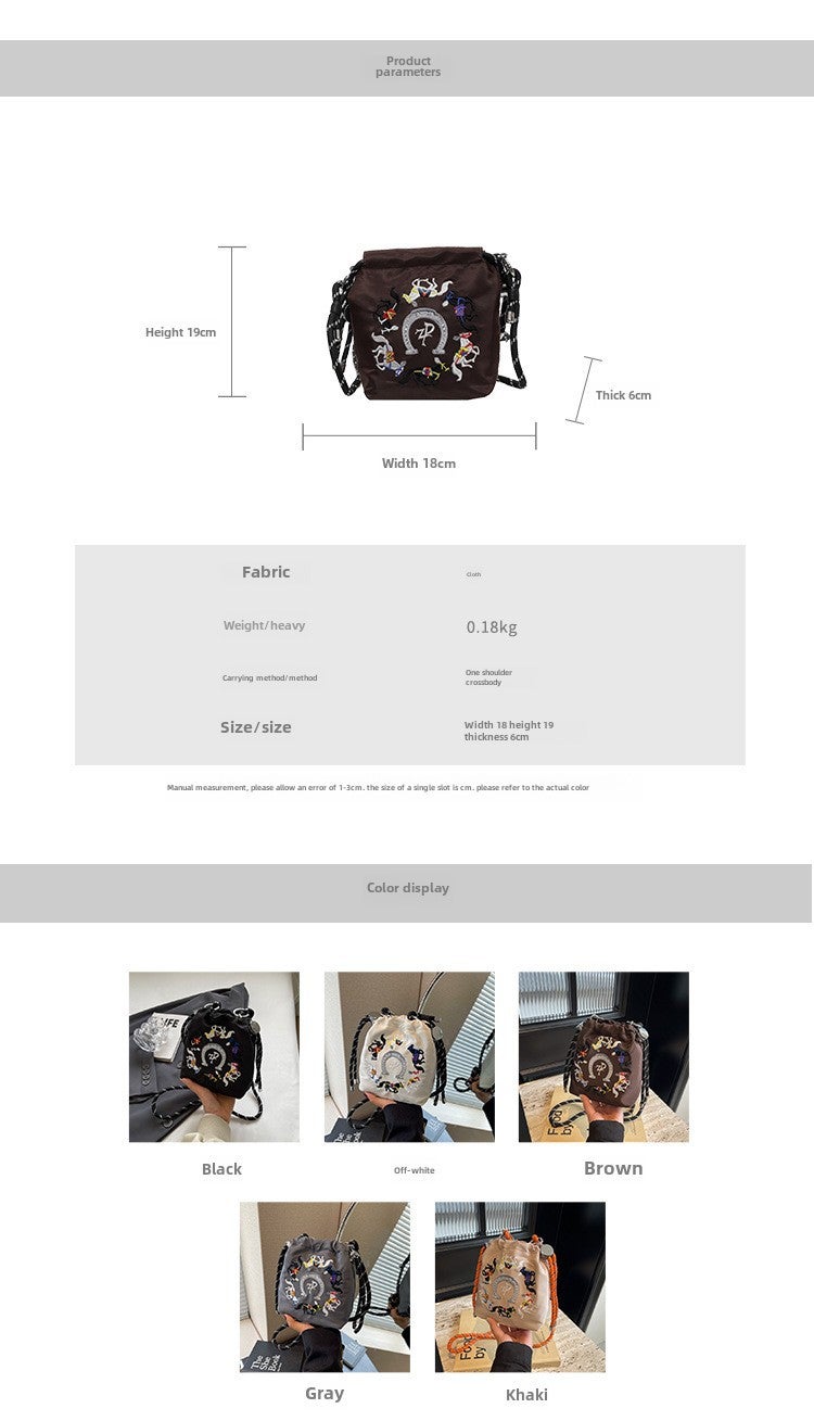 Embroidered Ins Bucket Small Cloth Bag Women'S Simple Contrast Color Walking Shoulder Crossbody Mobile Phone Bag - Image 4