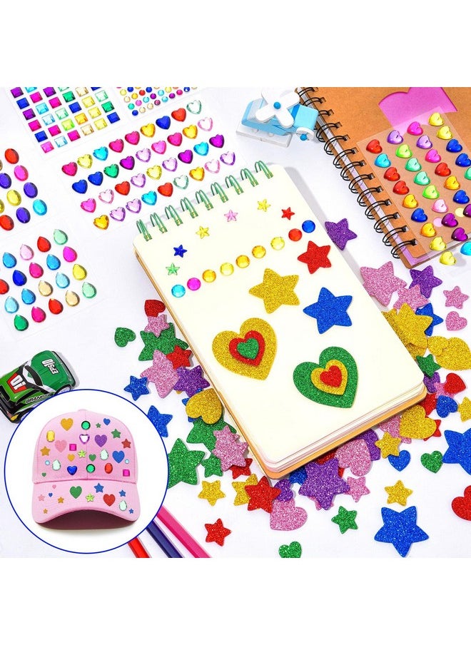 Marspark - 600 Pieces Colorful Glitter Foam Stickers For Kids Self Adhesive Stars Heart Shapes Glitter Stickers Jewels Stickers Gem Stickers Rhinestone For Valentine'S Day Crafts Gems Bling Jewels - Image 1