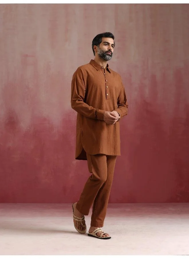 ترو برونز Men's Brown Cotton Shirt Collar Stylized Kurta Co-ord set