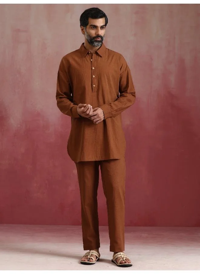 ترو برونز Men's Brown Cotton Shirt Collar Stylized Kurta Co-ord set